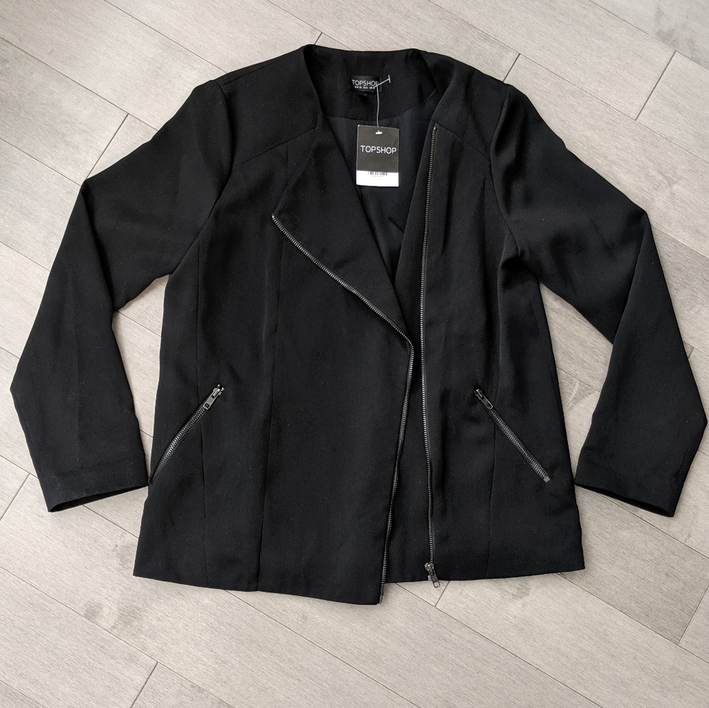 NWT Topshop asymmetrical zipper moto blazer sz 6